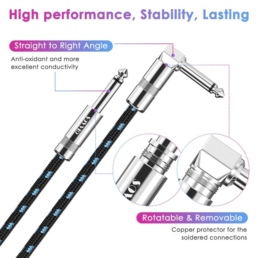 Sovvid 10FT Instrument Cable - Electric Guitar & Bass Cable with Right Angle 1/4 Inch Connector - Black & Bluetest