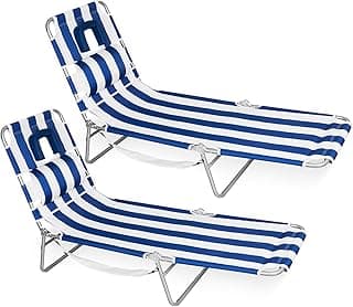 Romswi 2PK Folding Tanning Beach Chair with Face Hole, 5-Position Reclining Sun Lounger, Portable Face Down Tanning Chair with Arm Holes & Side Pocket for Beach, Pool, Patio, Navy and White Stripe