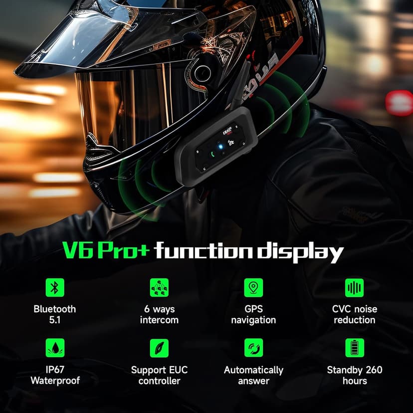 EJEAS V6 Pro Bluetooth Mesh Communication Systems Headset with 1200m Waterproof/Noise Reduction/Hands-Free Calls/Music & GPS, Motorbike/ATV/Dirt Bike/Skiing/Motorcycle Helmet Intercom(2 Pack)