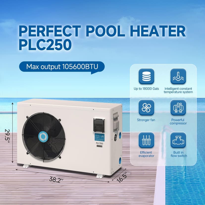 Max 105600BTU Electric Pool Heater for Above and In Ground Pools, 26KW Swimming Pool Heat Pump PLC250, Inverter Heating System, High Efficiency, fits 18/20/26ft Pools, 208~230V/60Hz