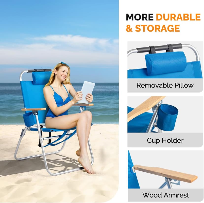 VINGLI 17" Tall Beach Chair, Aluminum Backpack Beach Chairs for Adults, Portable with Adjustable Straps, 3-Position Reclining, Cup Holder, High Lightweight Beach Chairs for Beach