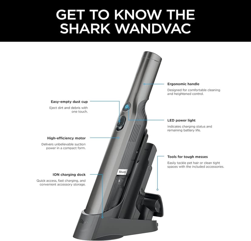 Shark WV201 WANDVAC Handheld Vacuum, Lightweight at 1.4 Pounds with Powerful Suction, Charging Dock, Single Touch Empty and Detachable Dust Cup,Graphite, Slate
