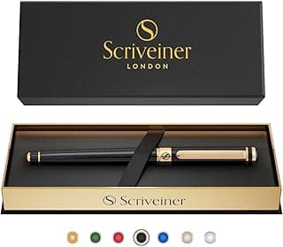 Scriveiner Black Lacquer Rollerball Pen - Stunning Luxury Pen, Real Gold Plating, Schmidt Ink Refill, Best Roller Ball Gift Set for Men & Women, Professional, Executive Office, Nice Pens