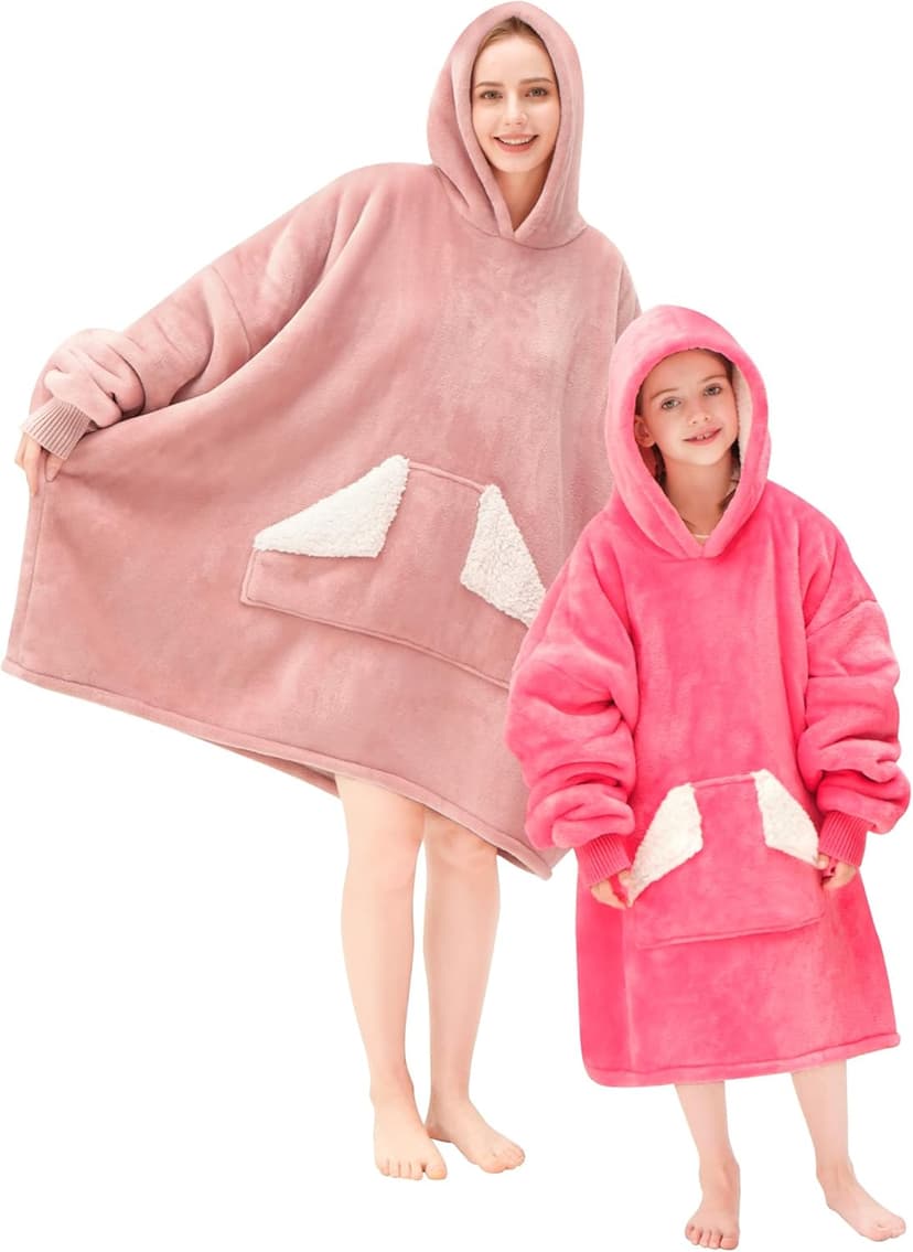 Touchat Wearable Blanket Hoodie, Oversized Sherpa Blanket Sweatshirt with Hood Pocket and Sleeves, Super Soft Warm Plush Hooded Blanket for Adult Women Men, One Size Fits All (Pink)