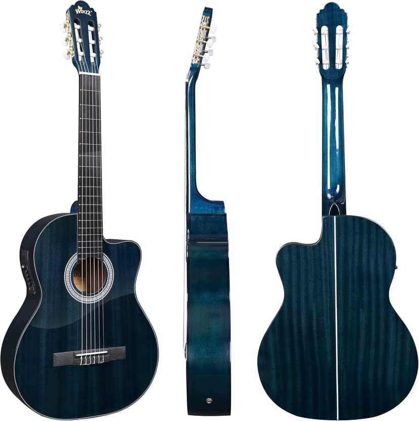 WINZZ AC309CE 39 Inches Cutaway Nylon-string Classical Electric Guitar Build-in Pickup Kit Set Online Lessons, Blue