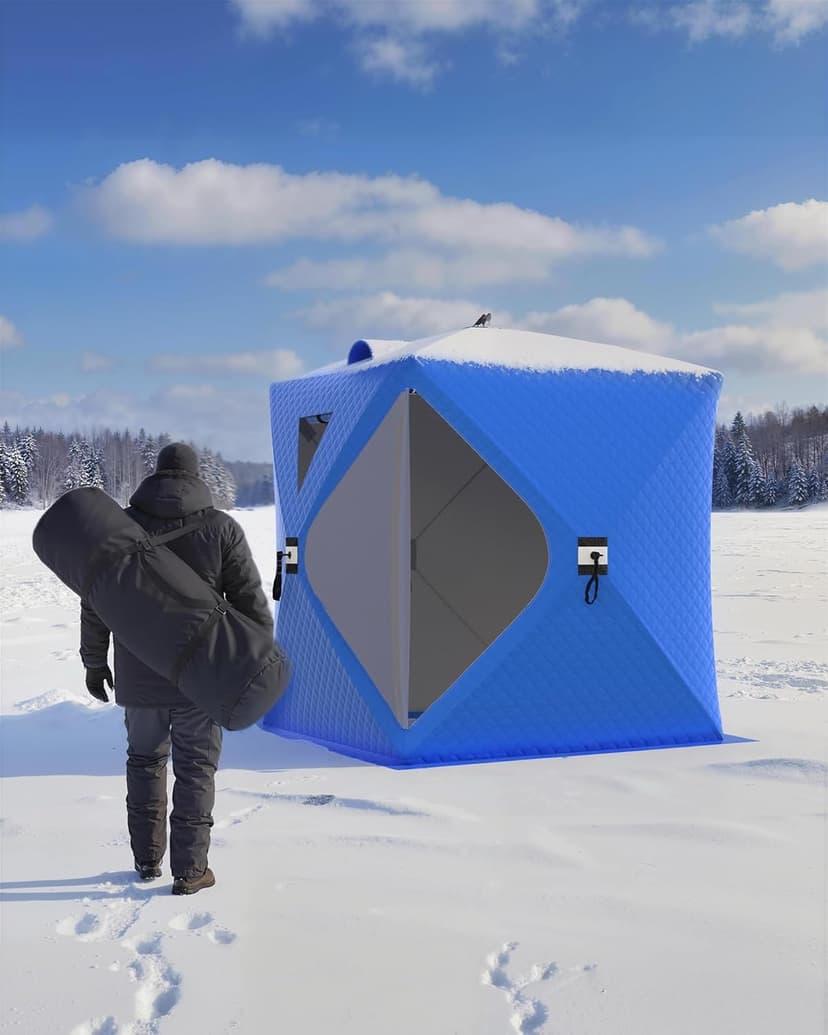 3-4 Person Pop-Up Ice Fishing Shelter – Portable Windproof & Insulated Hub-Style Shelter with 210d Oxford Fabric | Includes Anchors, Ropes & Carry Bag | Quick-Setup Ice Shanty for Winter Fishing