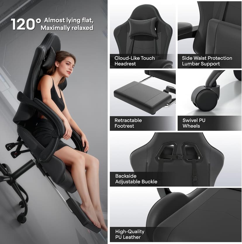 Athena Collection Gaming Chair, Ergonomic Gaming Chair with Footrest & Headrest Lumbar Support, Height Adjustable Swivel Computer Chair Office Chair Adults(Carbon Fiber Black)