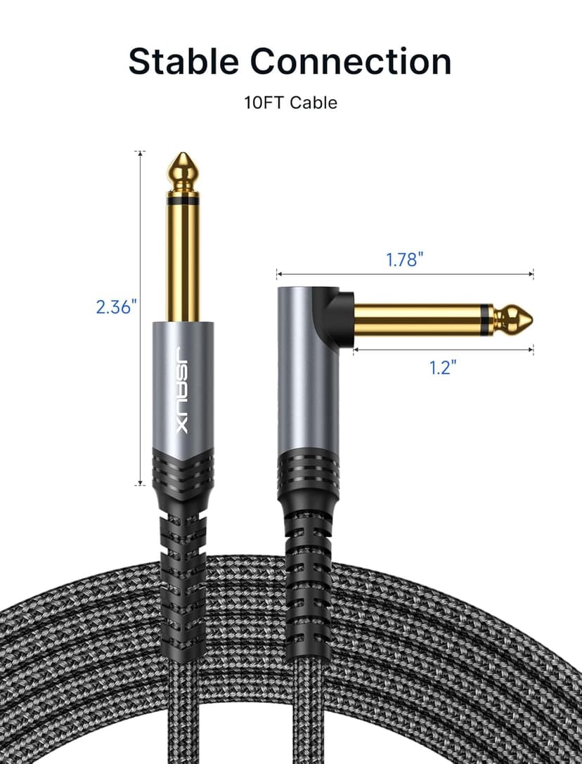 JSAUX Guitar Cable 10 ft, Amp Cord for Electric Guitar/Mandolin/Bass, Pro Audio Instrument Cable with 1/4" Tips(TS Port) Right Angle to Straight-Gray