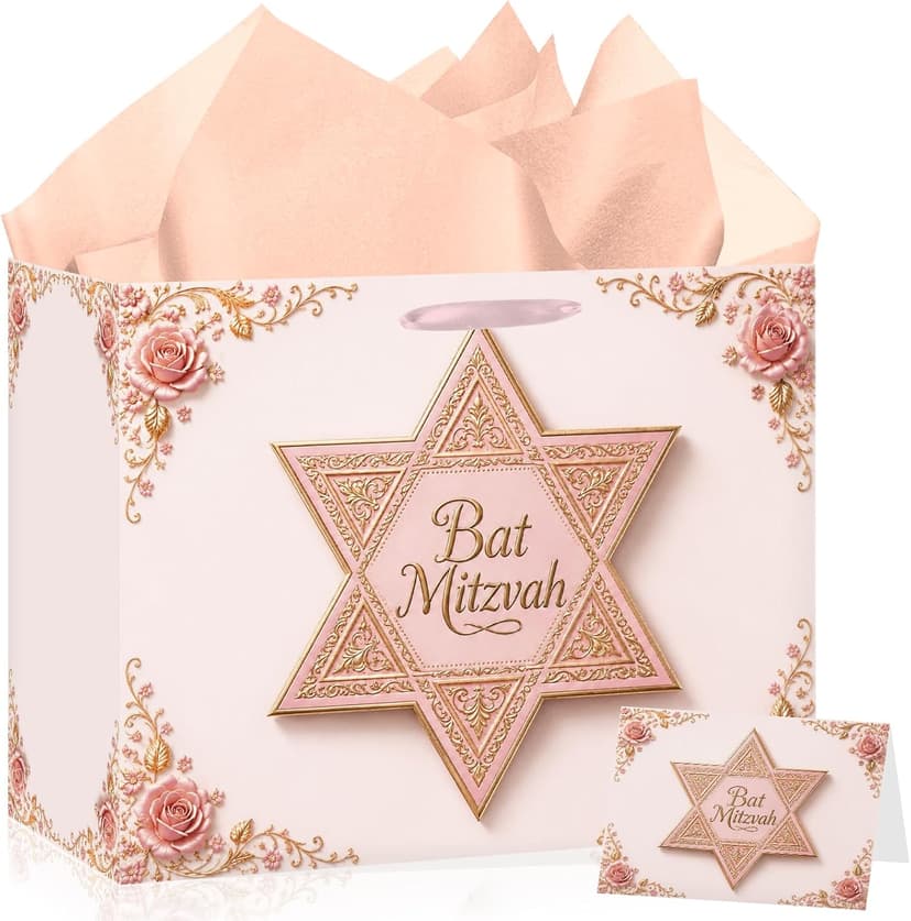 Bat Mitzvah Gift Bag Set Pink Rose Gold Star of David Paper Wrapping Bag with Ribbon Handles Tissue Paper Greeting Card All In One for Jewish Coming of Age Party Favor Celebration Decoration Supplies B0H5QYF944