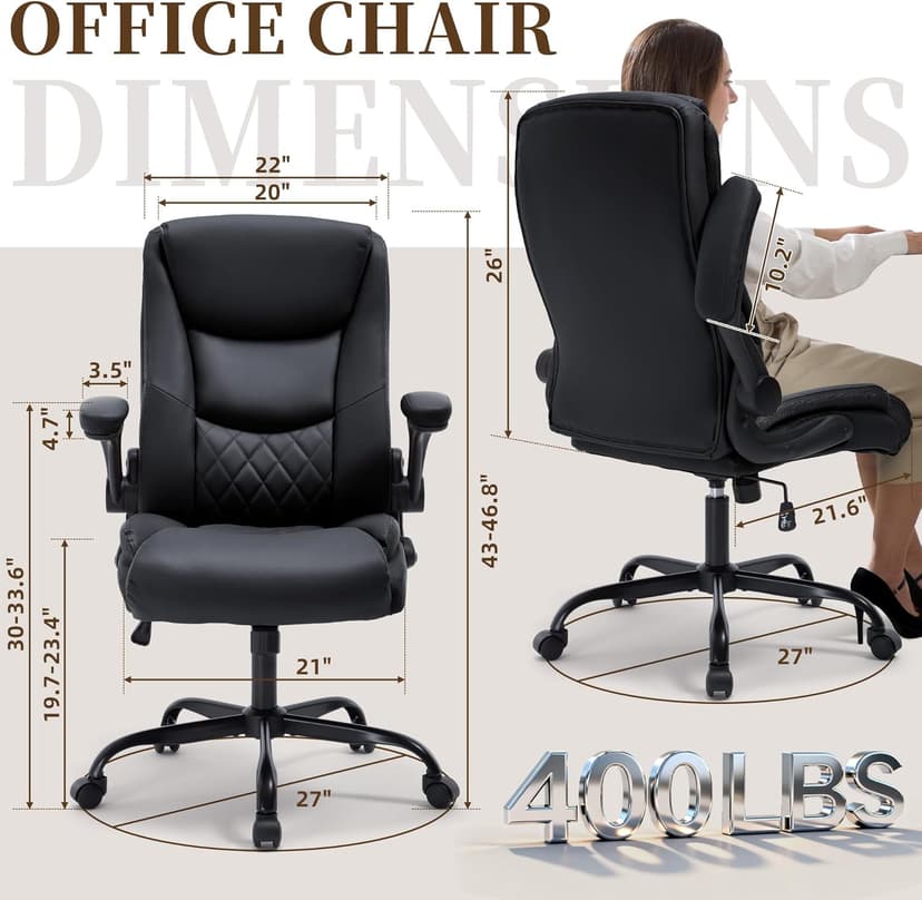 Office Chair, Executive Leather Office Chair with Lumbar Support & Flip-up Armrests, Ergonomic Adjustable High Back Swivel Chair with Rocking Function (Black)