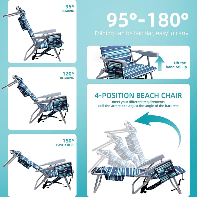 Yestomo Beach Chairs for Adults Heavy Duty, Compact Portable Lay Flat Folding Chair with Backpack Straps and Large Cooler Pouch, Support to 350LBS (Stripes_Blue&Cyan)