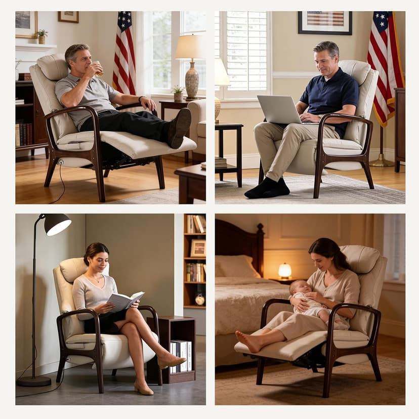 EMIAH M7 Power Recliner Chair for Adults with Adjustable Lumbar Support & 5-Min Rhythmic Stretch, 160° Reclining Faux Leather Accent Chair with Adjustable Headrest for Living Room Home Theater(Beige)