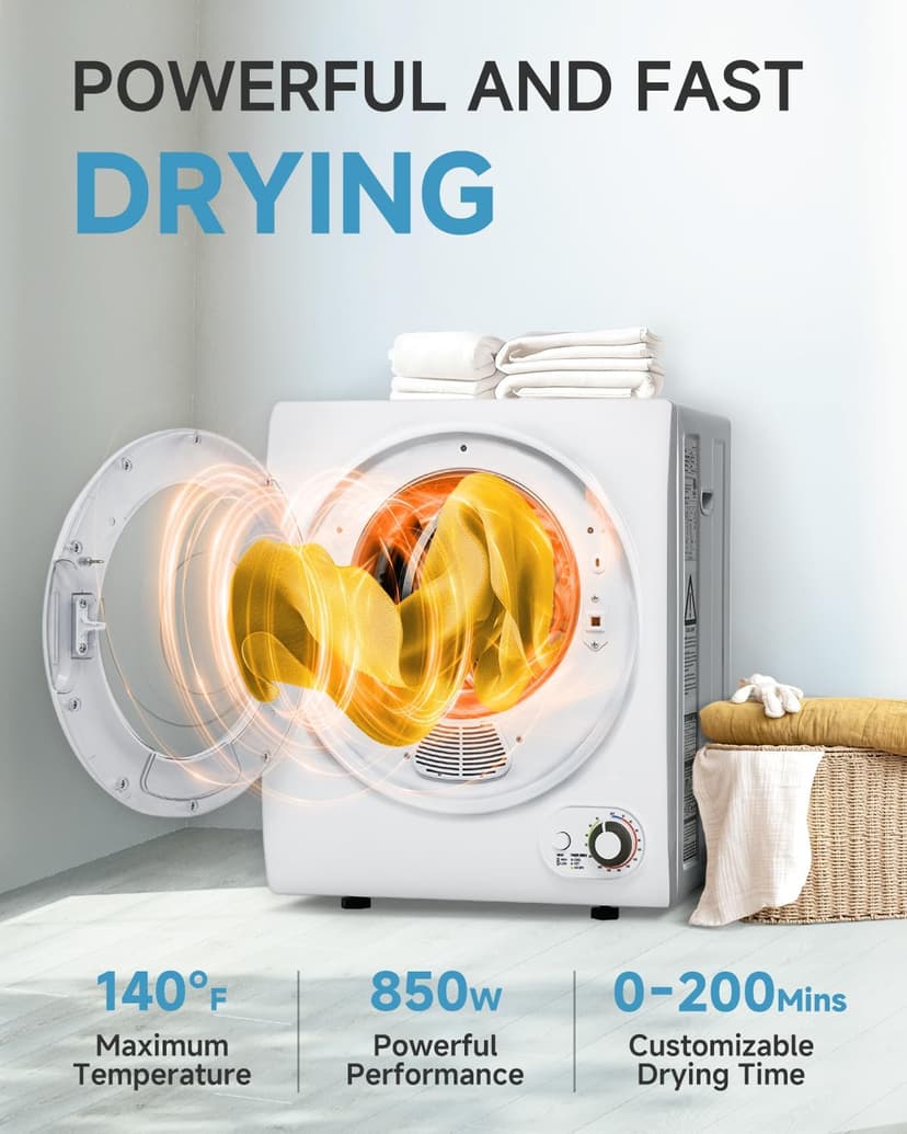 Feelfunn 110V Portable Dryer – 850W Compact Clothes Dryer with 4 Automatic Drying Modes, Stainless Steel Tub, Simple Control Knob for Apartments, Dorms & Small Spaces