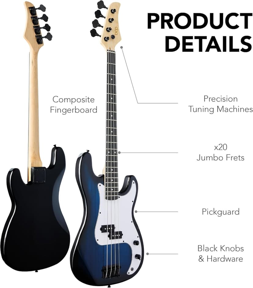 Best Choice Products Full Size Beginner 4-String Electric Bass Guitar, Wooden PB-Style Bass Starter Set w/Padded Carrying Case - Hollywood Blue/White