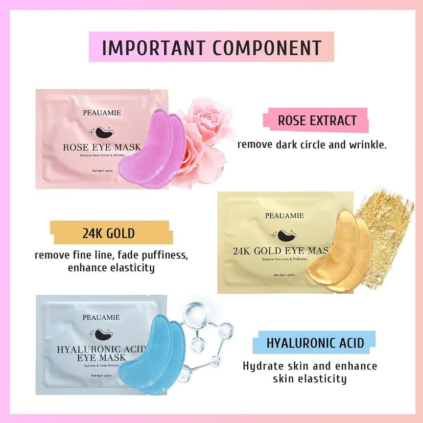 PEAUAMIE Under Eye Patches Gold and Hyaluronic Acid for puffy eyes,Rose Eye Masks for Dark Circles and Puffiness skin care Smooth Wrinkles products 30 Pairs B0BS8Y2FLK