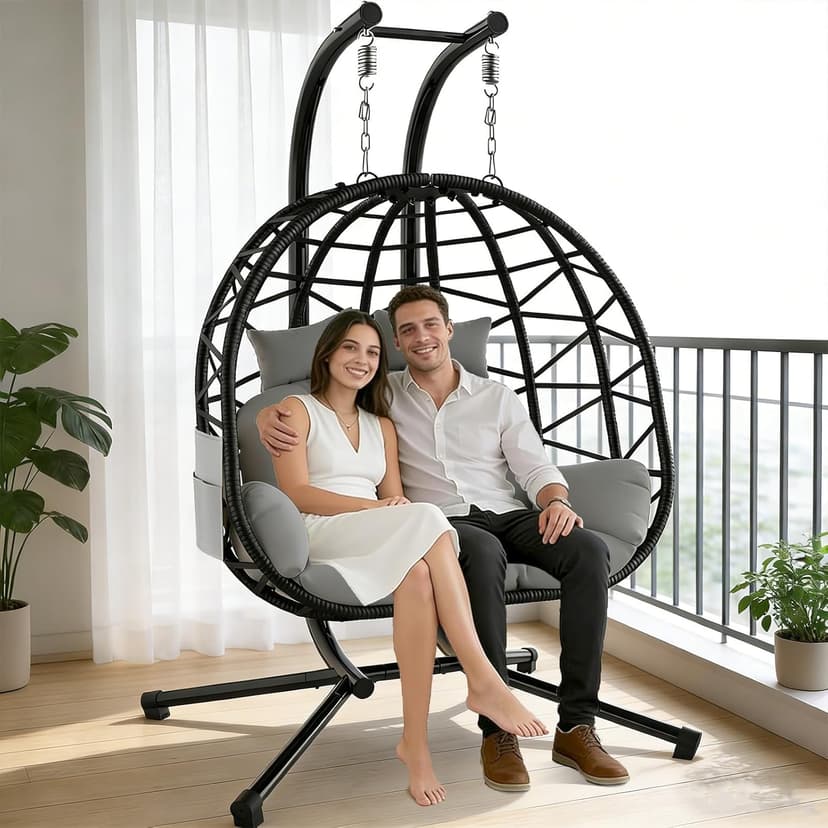 Suteck Double Hanging Egg Chair with Stand, Outdoor Indoor 2 Person Wicker Egg Swing Chair with Cushion, 700lbs Capacity for Patio, Bedroom, Garden - Black