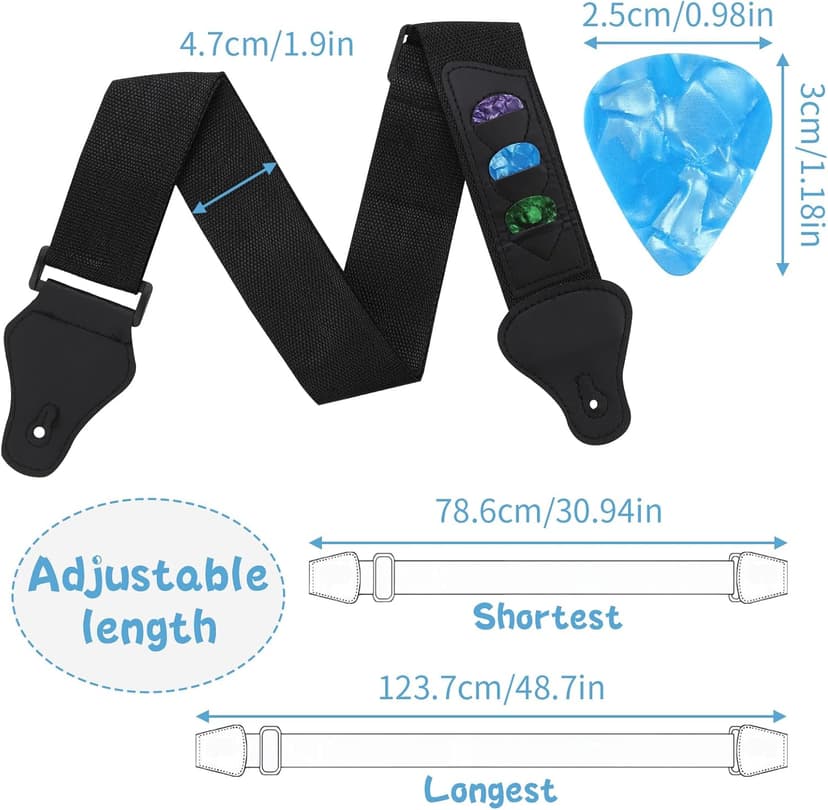 zenjarigily Guitar Strap with 3 Pick Holders, Includes 6 Guitar Picks and a pick box- Adjustable for Acoustic Electric Guitar