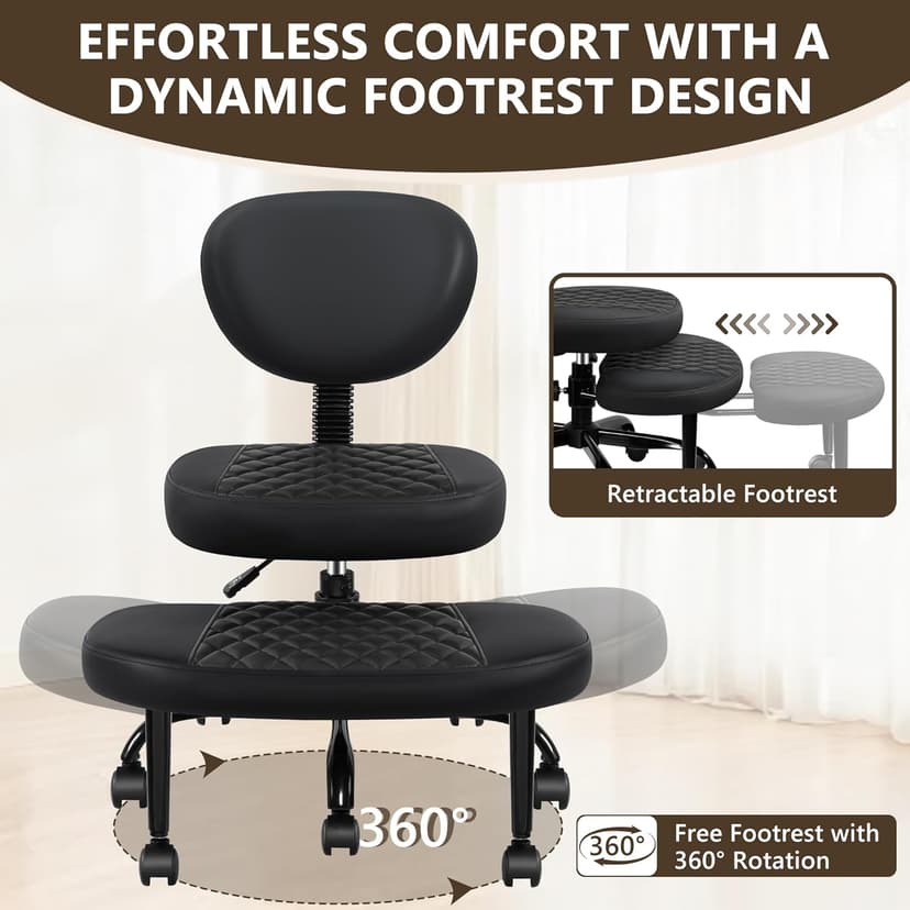 AtHope Ergonomic Cross Legged Office Chair with Wheels - Adjustable Height for Meditation, ADHD Desk & Yoga - Wide Criss Cross Design with Lumbar Support, Kneeling Chair - Black
