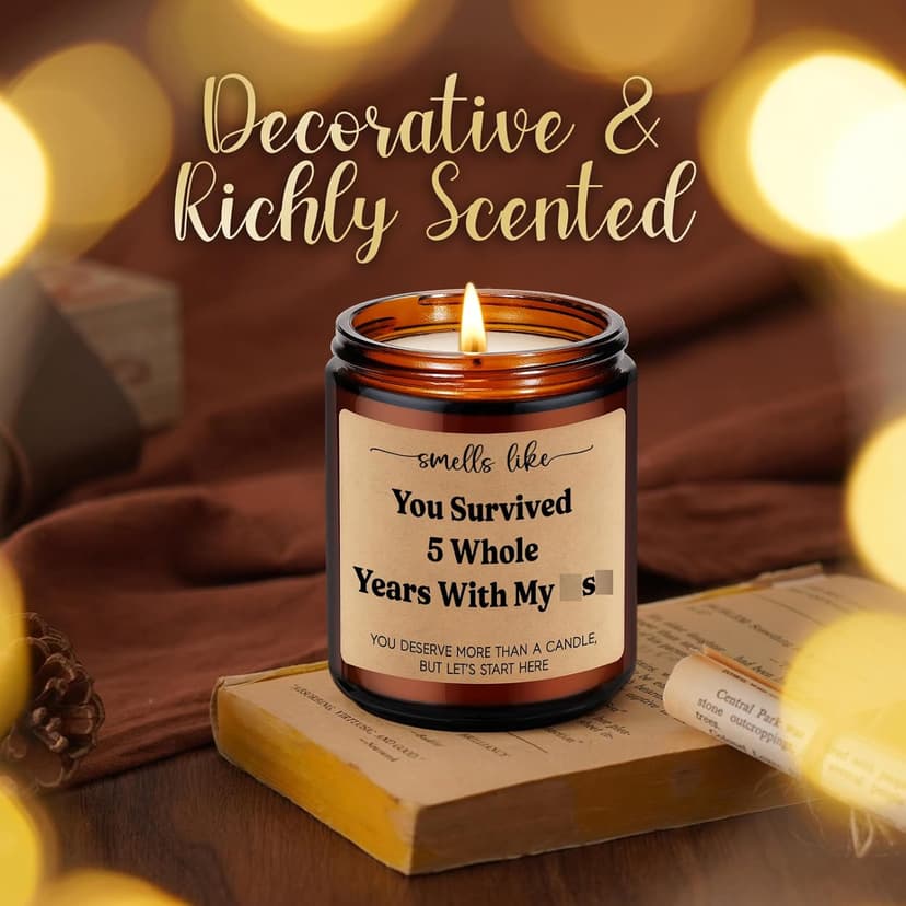 LEADO 5th Wedding Anniversary Candle - 5 Year Marriage Wood Themed Gifts for Husband Wife, 5 Year Anniversary Candle Gifts for Him Her - 5th Anniv. Funny Present for Couple, Women, Men, BF, GF