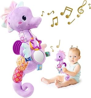 Multi-Sensory Seahorses Toys with Crinkle, Rattle and Textures, for Tummy Time Newborn 0-3-6-12 Months Girls Gifts - Purple Sumobaby Baby Toys Musical Stuffed Animal Activity Soft Toys with Mirror B0FSKSCRGH