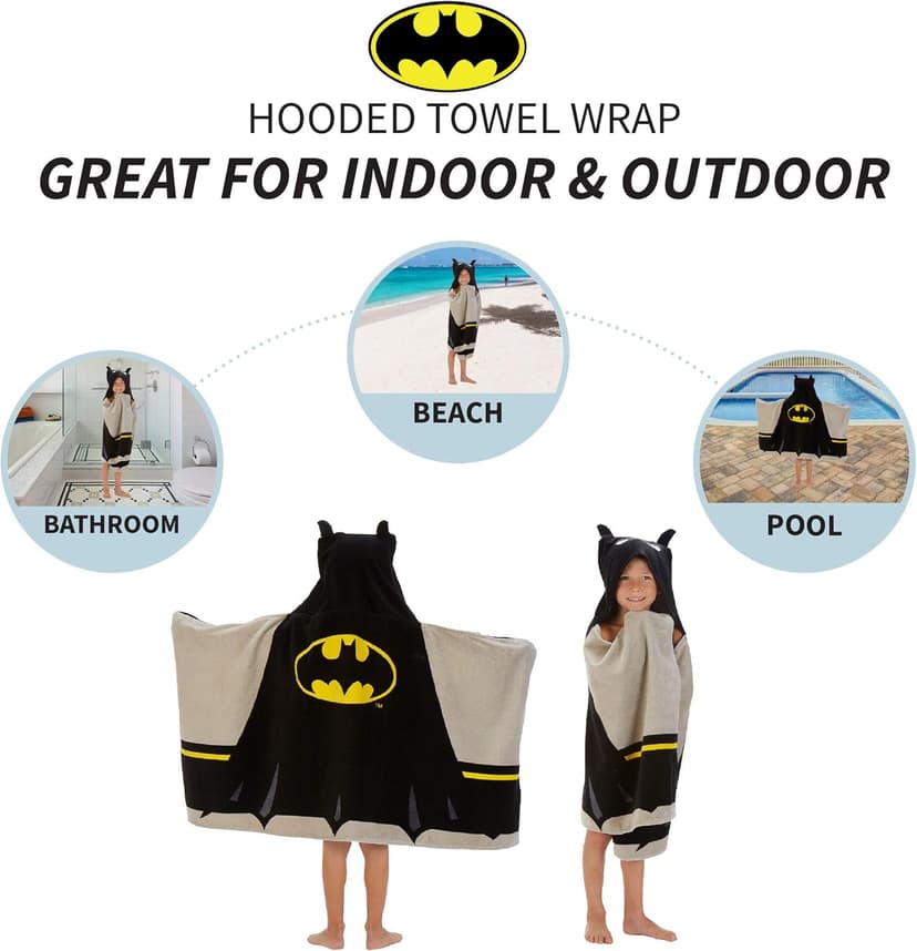 Batman Kids Bath/Pool/Beach Super Soft Cotton Terry Hooded Towel Wrap, 24" x 50", By Franco