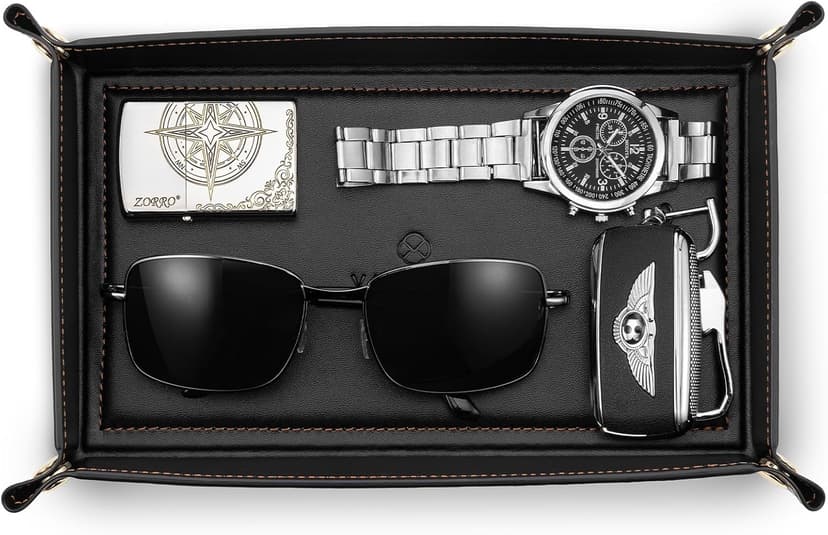 Travel Valet Tray for Keys, Wallet, Watch, Phone and Glasses, Nightstand Dresser Desk Entryway Organizer for Men and Women VLANDO Valet Tray for Men, Foldable PU Leather Catchall Tray, Black B0H5VHQ9Q9
