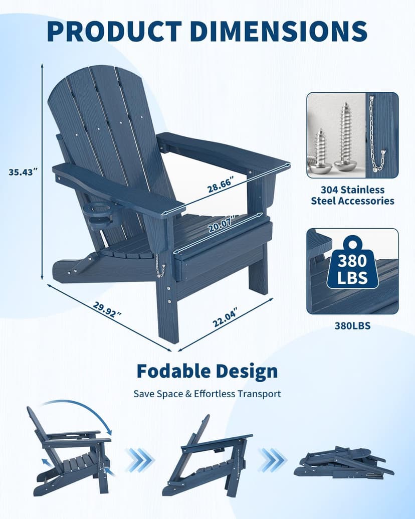 GarveeLife Folding Adirondack Chair Set of 2 with Side Table, All-Weather HDPE Outdoor Chair, Wooden Textured with Cup Holder for patios, Decks, Gardens, fire pits, Navy Blue