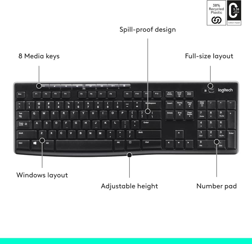 Logitech K270 Wireless Keyboard for Windows, 2.4 GHz Wireless, Full-Size, Number Pad, 8 Multimedia Keys, 2-Year Battery Life, Compatible with PC, Laptop, Black