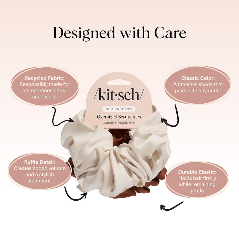 Kitsch Recycled Satin Oversized Scrunchies – Large Hair Scrunchies for Women, Eco-Friendly Hair Ties & Ponytail Holders | Ideal Gifts for Women - Camel & Cream, 2pc Set