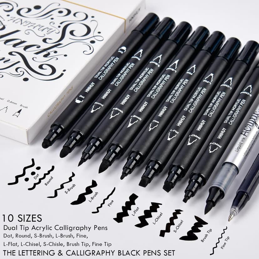 Dual Tip Black Acrylic Calligraphy Pens, 10 Size Calligraphy markes for Writing, Hand Lettering Pen for Art Drawing, Sketching, Scrapbooking, Brush Pens Calligraphy Set for Beginners