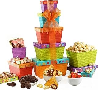Broadway Basketeers Birthday Gift Basket Tower – Snack Boxes with Gourmet Cookies, Chocolates & Popcorn – Happy Birthday Gifts for Women, Mom, Sister, Friends & Coworkers