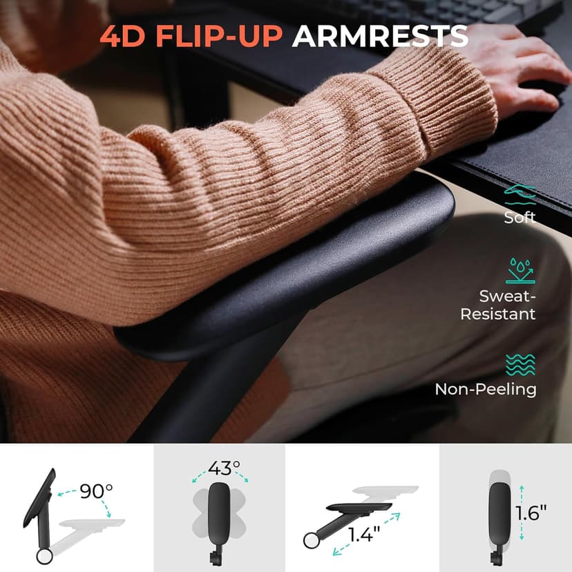 CAPOT Ergonomic Mesh Office Chair, Adjustable Lumbar High Back Desk Chair 400lbs, 4D Flip-up Arms, 3-Level Tilt Backrest, 3D Headrest, PU Wheels, Swivel Rolling Computer Seating for Long Desk Work