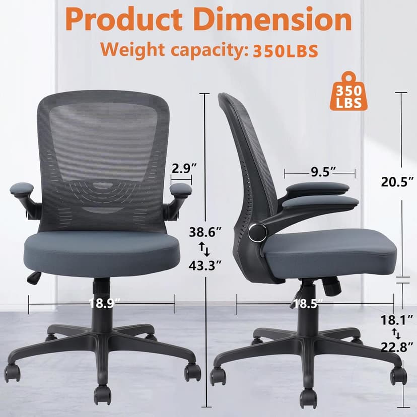 CLATINA Desk Chairs with Wheels, Flip Up Arms Ergonomic Mesh Back Office Chair with Lumbar Support, Adjustable Height Swivel Rolling Computer Task Chairs for School Conference Room Home Study, Grey