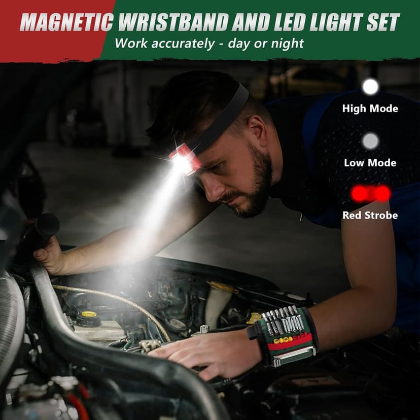 Magnetic Wristband with LED Light, Stocking Stuffers for Men, Christmas Gifts for Men, Dad, Him, Mechanics, Woodworker, Handyman, Magnet Tool Belt Wrist Band, Adjustable Wrist Screws Holder
