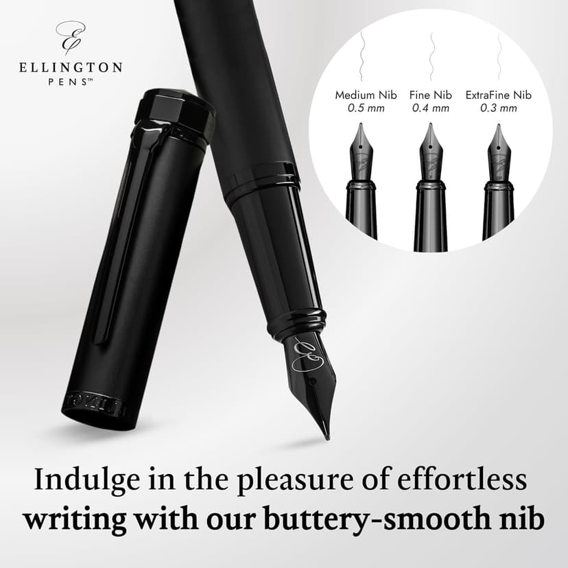 Ellington Pens Luxury Fountain Pen Set - Fountain Pen For Writing - Smooth Medium Nib - Includes Refillable Ink Converter, 3 Ink Cartridges, Gift Box - Calligraphy, Journaling, Sketching (The Stealth)