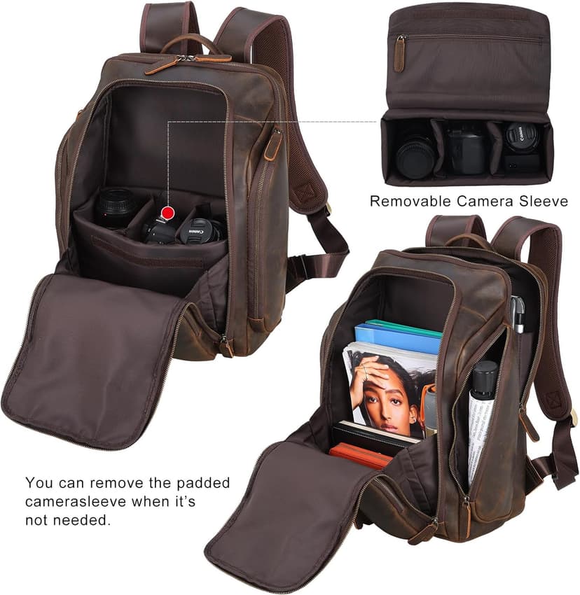 Masa Kawa Leather Backpack for Men with 16" Laptop & Camera Lens Sleeve, Multi Pockets Weekend Trip Business Travel Overnight Camping Bag, Vintage Brown