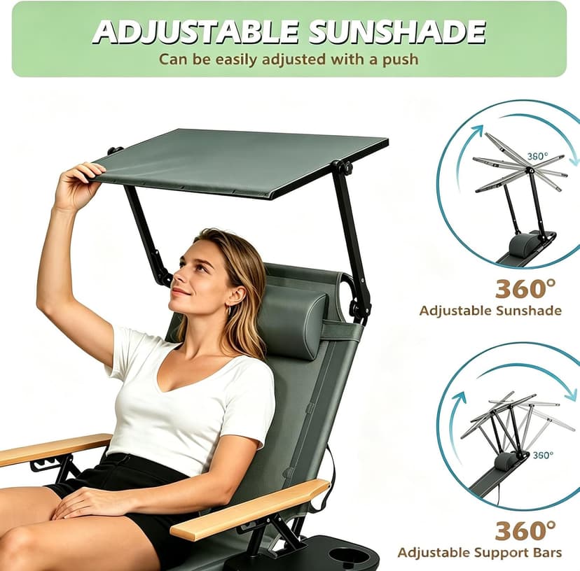 Folding Lounge Chair with Canopy, Tanning Chair with 4-Position Reclining Back, Folding Sun Lounger, Outdoor Lounge Chair for Beach, Poolside, Backyard, Camping, UPF 50+ Sun Shade, 300 LBS