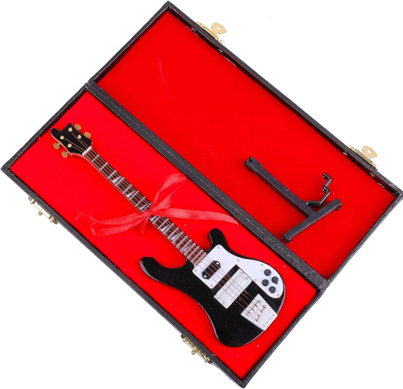 Dselvgvu Wooden Miniature Electric Bass Guitar with Stand and Case Mini Musical Instrument Electric Bass Guitar Replica Collectible Figurines Model Home Decoration Birthday Gifts (7.87"x2.36"x0.35")