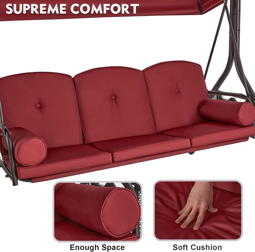 HOMREST 3 Seat Outdoor Porch Swing with Adjustable Canopy, Convertible Patio Swing Bed with Stand, Patio Glider Swing with Upgraded Cup Holder, Thicken Cushions & Pillow for Backyard(Wine Red)