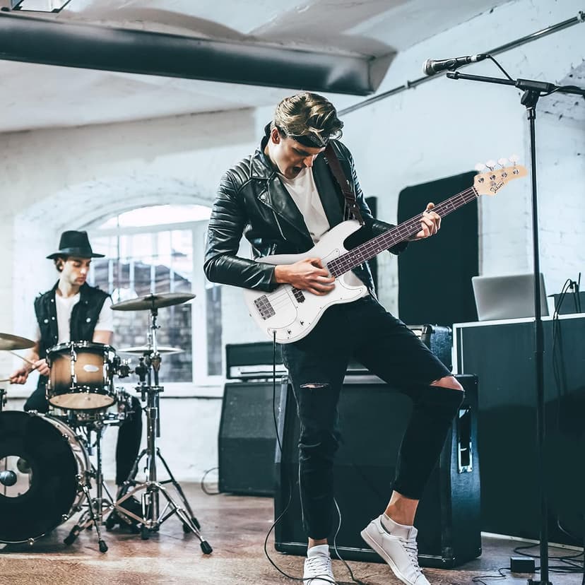 GLARRY Full Size Electric Bass Guitar Beginner Kit 4 String Exquisite Basswood Bass with 20W AMP, Cable, Strap, Bag and Accessories (White, 39"Right Handed)