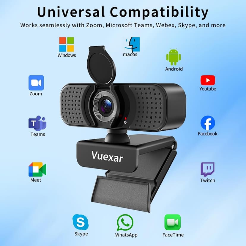 Vuexar Full HD 1080P Webcam with Microphone, Noise-Canceling, Privacy Cover, Wide-Angle Lens, Auto Light Correction, Plug & Play USB Web Camera for Laptop, Desktop, PC, Mac, Zoom, Skype – Pro Series