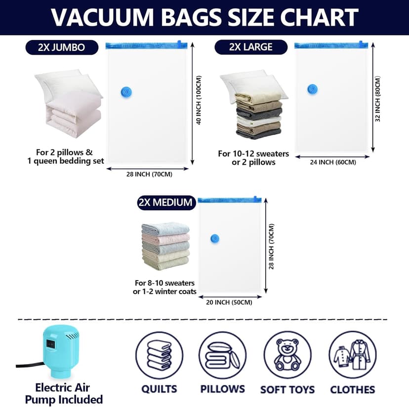 Vacuum Seal Bags for Clothing with Electric Pump, 6 Pack (2 Jumbo 2 Large 2 Medium Vacuum Storage Bags) Space Bags Vaccine Vacuum Sealed Storage Bags for Travel Luggage Blankets Bedding