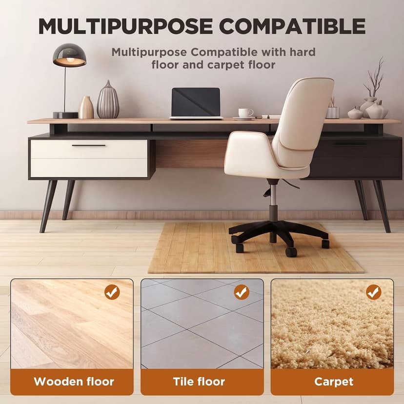 Leinuosen 36" x 48" Office Bamboo Chairmat for Carpet Floor Mat Highly Premium Quality Anti-Slip Office & Home Floor Protector Low Pile Carpet Chair Mat, 5mm Thick(Without Lip,Wood)