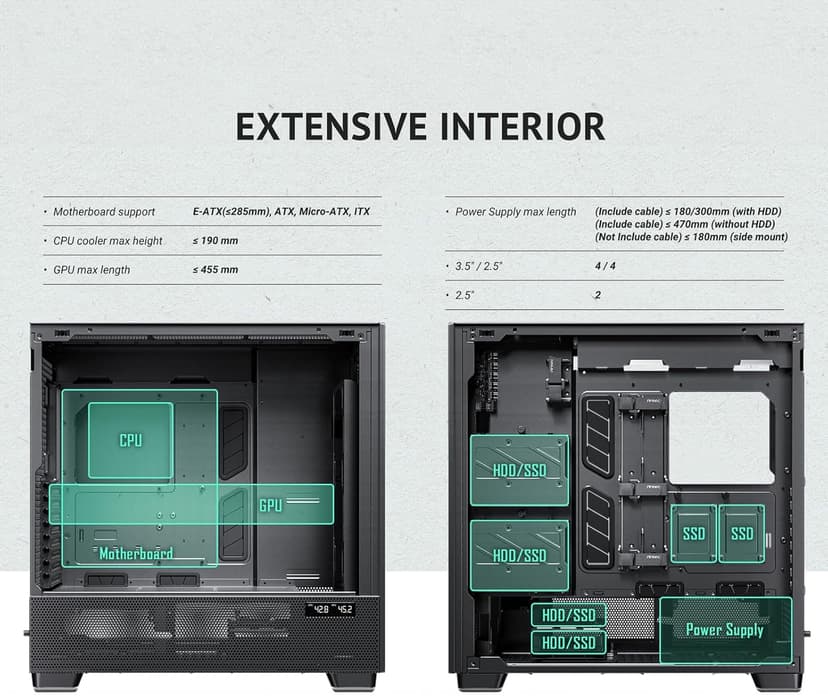 Antec Flux Pro, 6 x PWM Fans Included, High-Airflow Front Panel with Walnut Wood, iShift PSU 90° Mount, USB3.0 x 2, Type-C, 420mm Radiator Support, Temp. Display, Full-Tower E-ATX PC Case