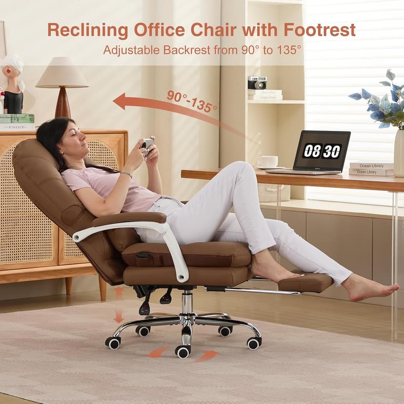 Ergonomic Office Chair for Big and Tall with Lumbar Support,Brown PU Leather High Back Executive Chair with Sedentary Vibration Reminder,Foot Rest,Reclining Function for Long Hours of Home Office