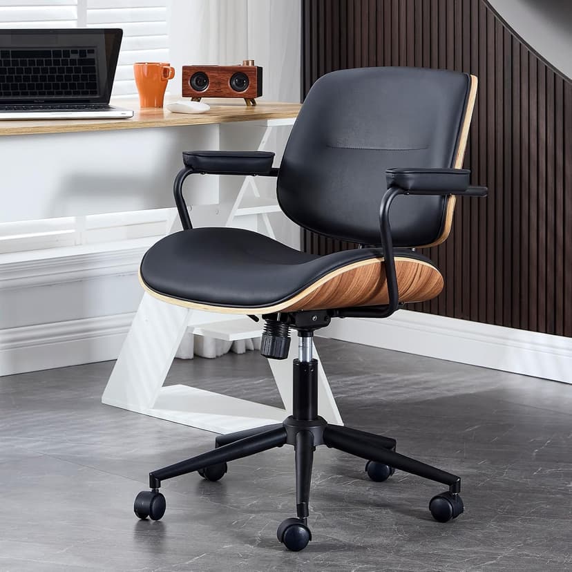 BV BONNE VIE Mid Century Walnut Office Chair with Arms, Adjustable Swivel Desk Chair, Leather Computer Chair with Rolling Wheels for Home Office or Study Room, Black