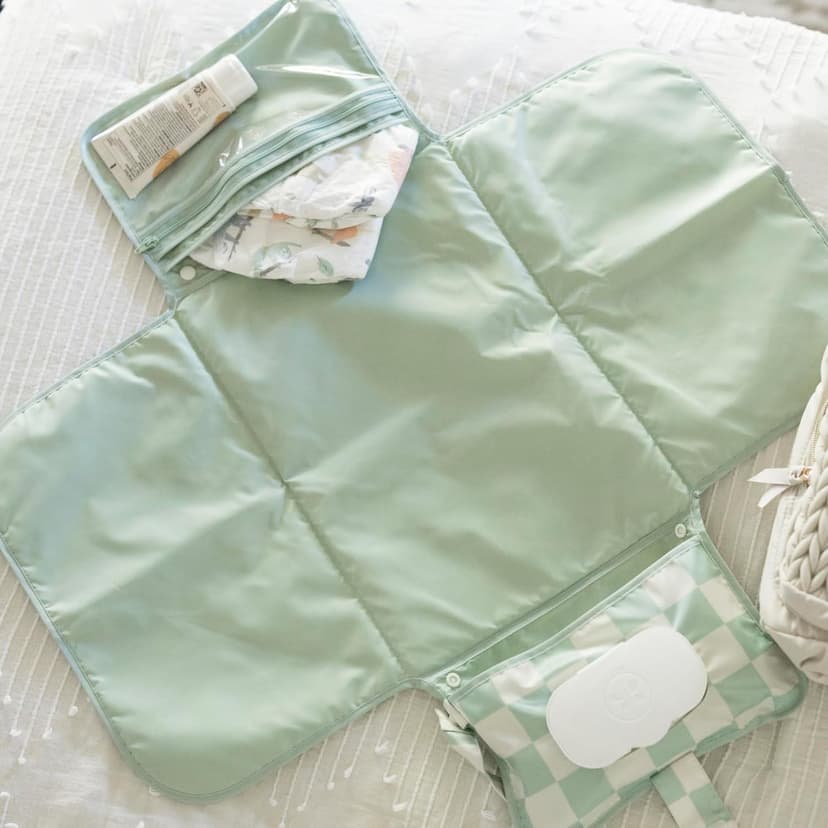 Tiny Twinkle Portable Diaper Changing Pad | Waterproof, Wipeable & Compact Baby Changing Pad for Travel | Smart Wipes Pocket & Organized Storage| Newborn Shower Gift (Sage Checkers) B0DDT2VW7T