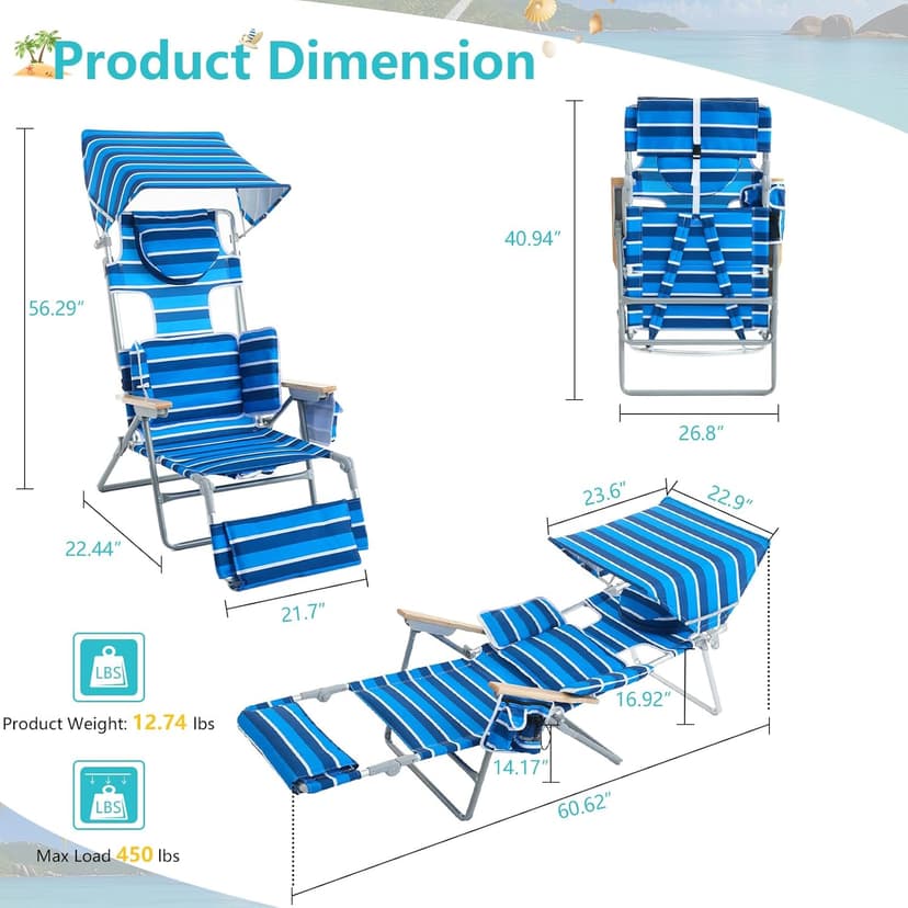 Oversized Beach Chair for Adults,5 Position Adjustable Tanning Chair with Sun Canopy,Folding Reclining Lounge Chir with Face Holes,Backpack Portable for Patio Pool Camping (Blue-White,Medium)
