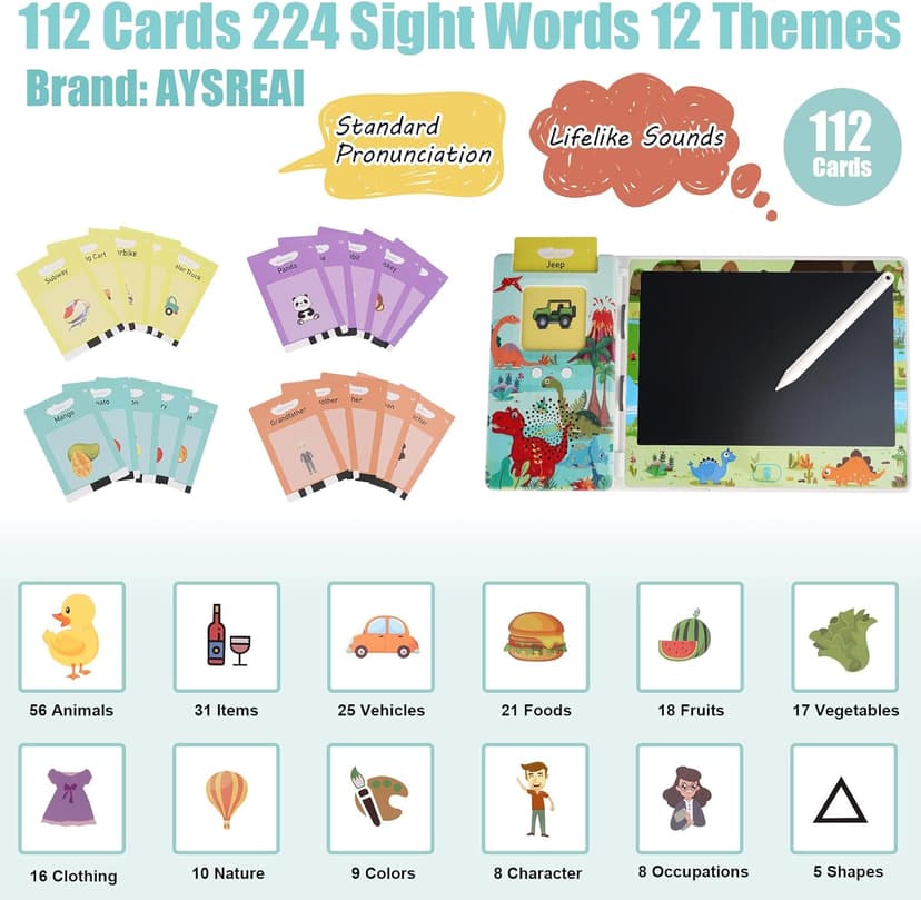 Talking Flash Cards with LCD Writing Tablet, Autism Sensory Toys for Autistic Children, Speech Therapy Toys, 224 Sight Words Educational Learning Toddler Toys for 3 4 5 6 Year Old
