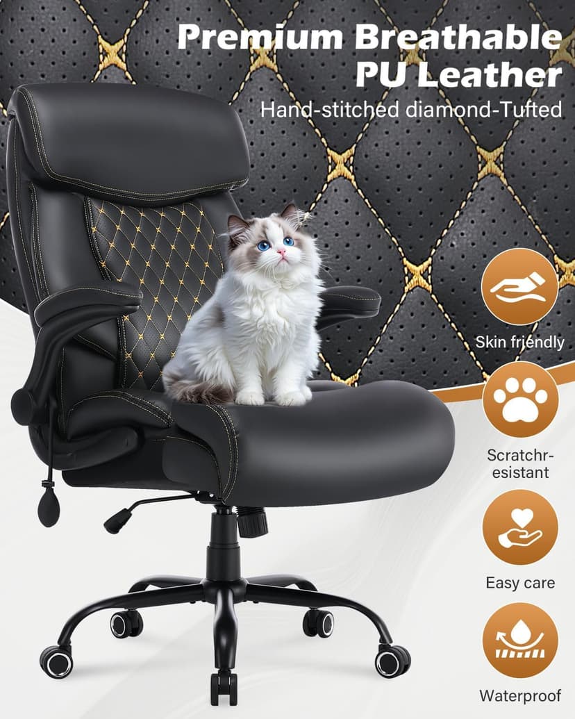 550LBS Big and Tall Office Chair for Heavy People,Ergonomic Office Chair with Padded Flip-Up Arms and Adjustable Lumbar Support,High Back Executive Leather Desk Chair with Rocking Function
